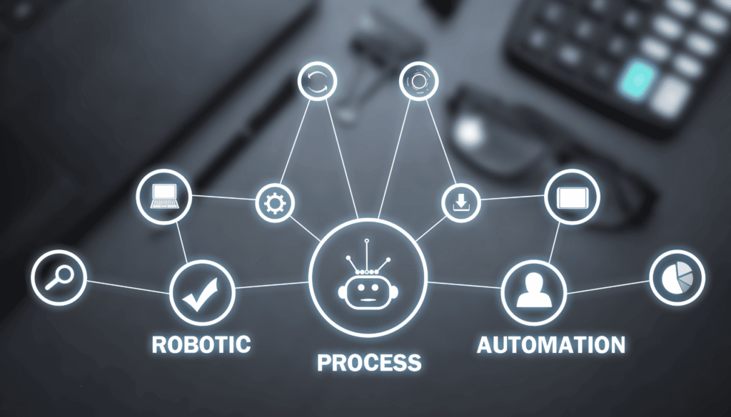 Digital graphic of robotic process automation (RPA) with connected icons on a dark background.