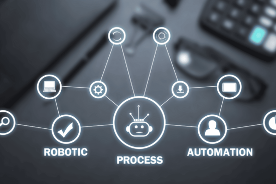 Digital graphic of robotic process automation (RPA) with connected icons on a dark background.