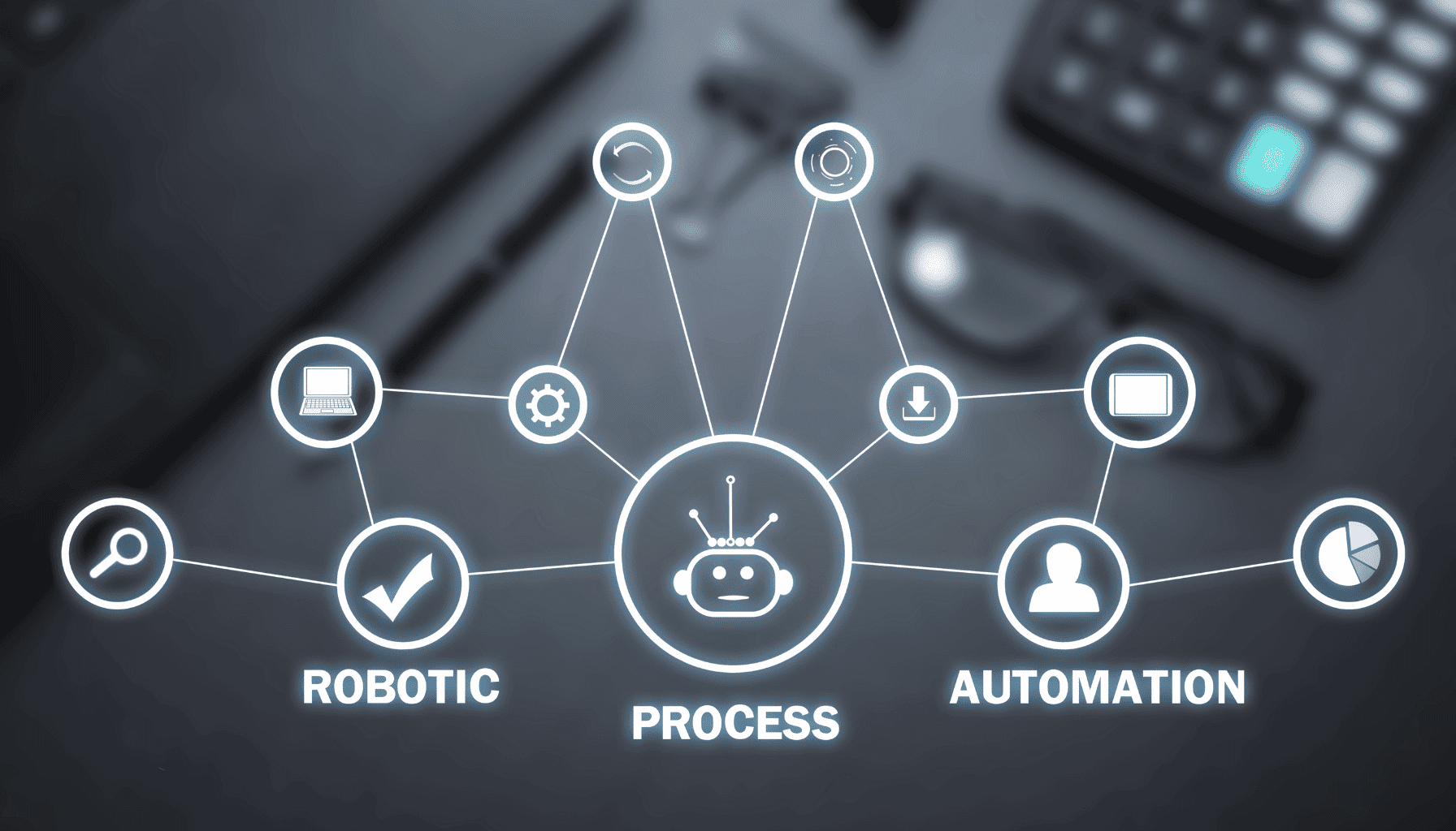 Digital graphic of robotic process automation (RPA) with connected icons on a dark background.