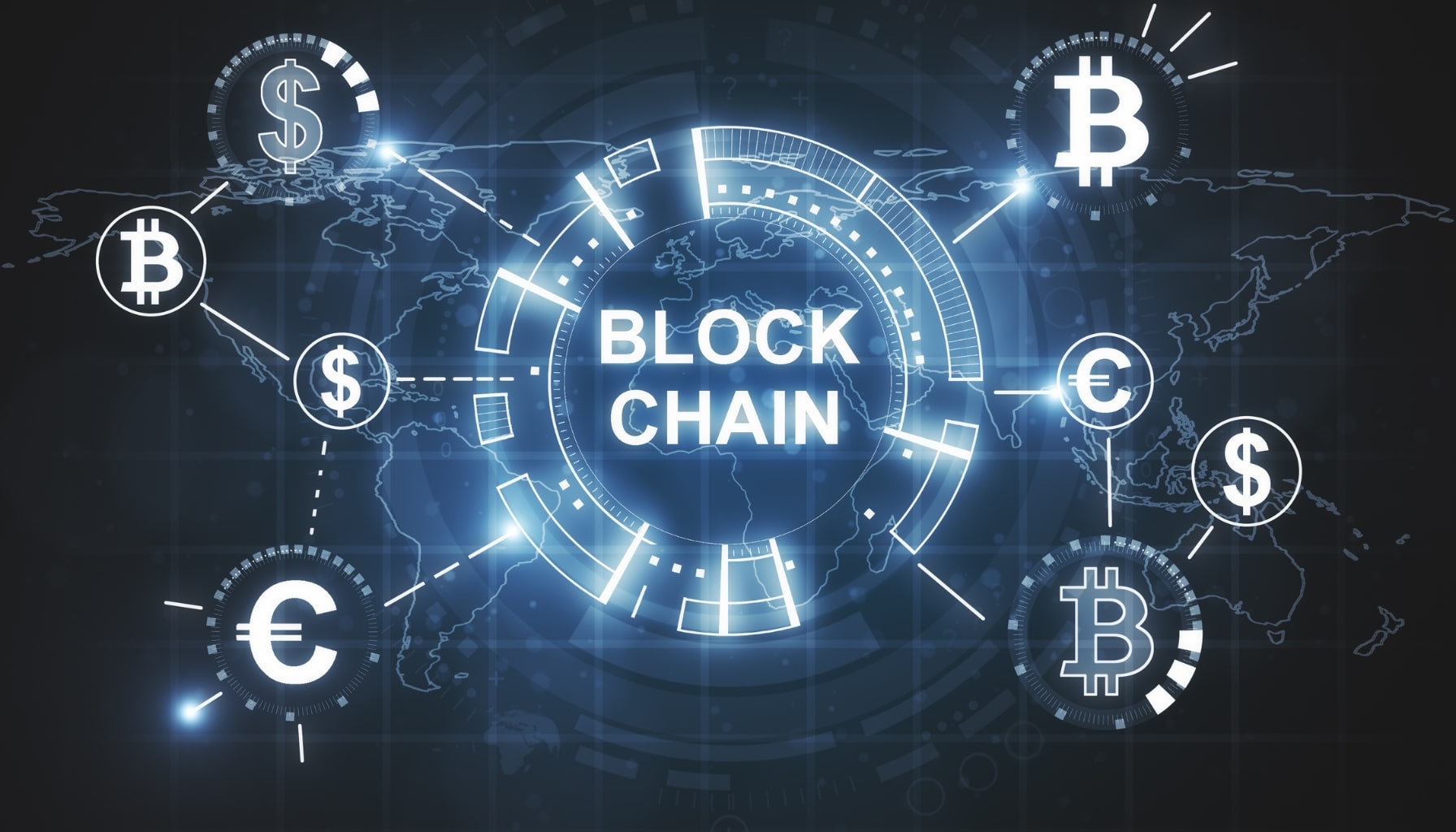 An illustration depicting blockchain technology as the future of business, showcasing interconnected digital blocks and networks