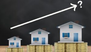 Three houses on increasing stacks of coins with an upward arrow and question mark, suggesting growth in property value or real estate investment.