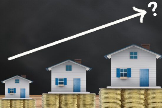 Three houses on increasing stacks of coins with an upward arrow and question mark, suggesting growth in property value or real estate investment.