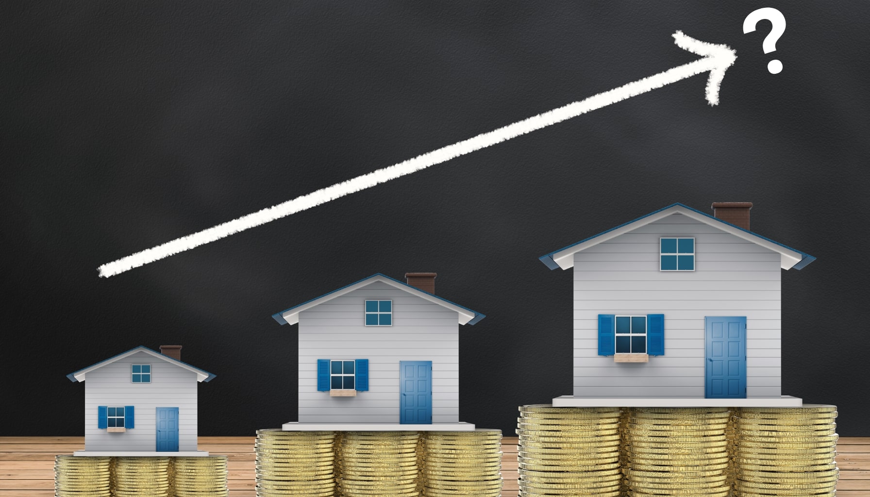 Three houses on increasing stacks of coins with an upward arrow and question mark, suggesting growth in property value or real estate investment.